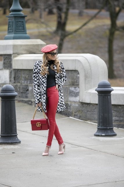 With printed coat, black turtleneck, red pants and beige pumps