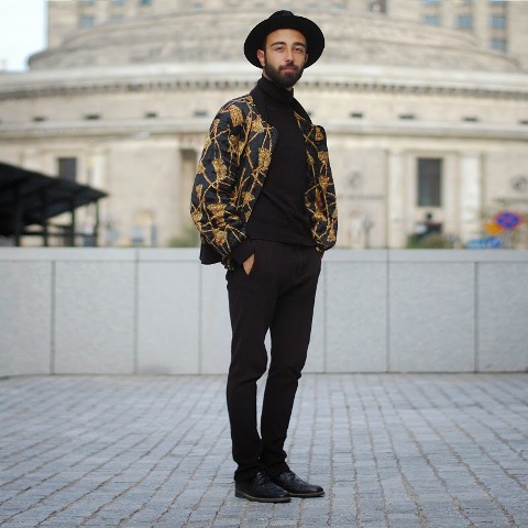 With printed jacket, wide brim hat, trousers and shoes