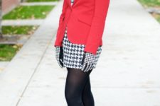With printed mini dress, black tights, pumps and red jacket