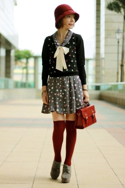 With printed mini dress, printed sweater, leather bag, marsala knee high socks and gray ankle boots