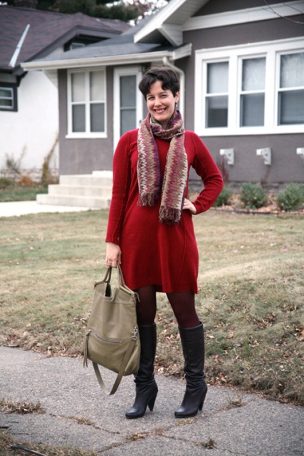 With red dress, printed scarf, marsala tights and beige bag