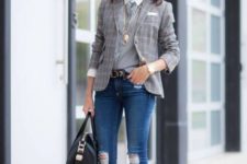 With striped shirt, distressed jeans, white pumps and black bag