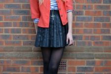 With striped shirt, orange blazer, mini skirt and cutout boots