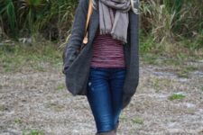 With striped shirt, skinny jeans, gray boots, gray cardigan and scarf