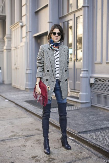With striped shirt, skinny jeans, over the knee boots and marsala fringe clutch
