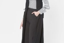 With striped turtleneck, midi vest and black shoes