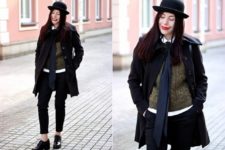 With sweater, black coat, crop pants and boots