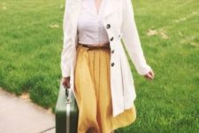 With white button down shirt, yellow skirt, brown shoes and white coat