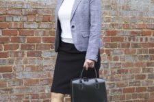 With white shirt, pencil skirt, marsala pumps and leather bag