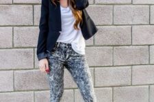 With white t-shirt, black jacket, black pumps and pink hat