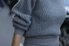 03 a chunky knit grey sweater and a grey pencil skirt for a work look