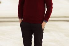03 black pants, a denim shirt, a red sweater over it and brown shoes for an effortlessly chic look
