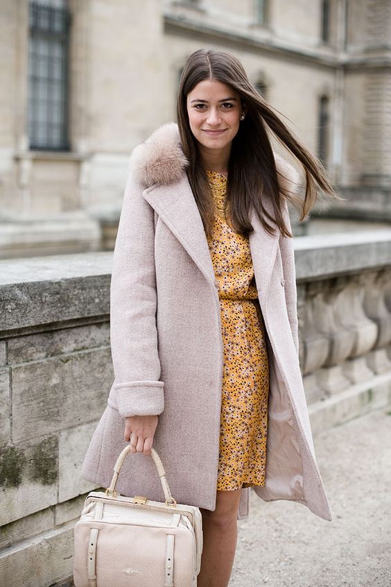 a blush winter coat with a faux fur collar for a girlish winter look