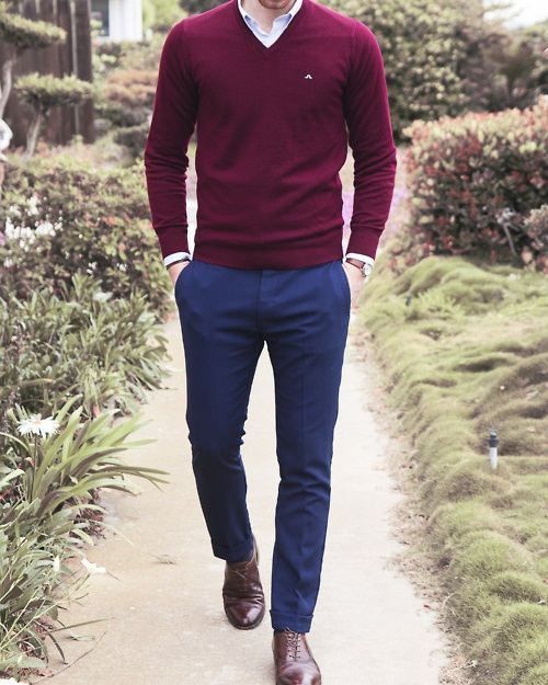 navy pants, a burgundy sweater, a white shirt, brown shoes