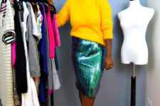 06 a colorful look with an emerald sequin skirt, a yellow angora sweater and colroful shoes