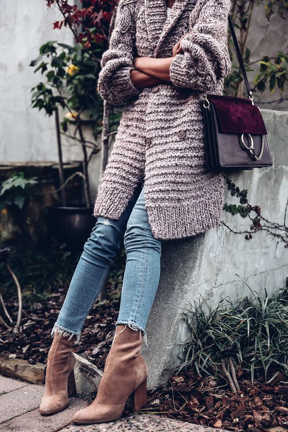a blush chunky cardigan, cropped jeans, amber velvet sock boots