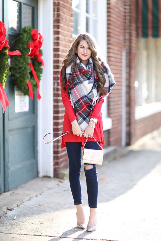 ripped navy skinnies, a red tunic, a plaid scarf and sparkly heels