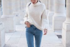 08 a white chunky knit sweater, blue jeans and burgundy suede booties
