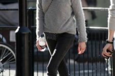 08 black boots, black jeans, a polka dot shirt and a grey angora sweater for a casual look