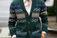 brown pants, a white shirt and a comfy emerald cardigan with winter prints