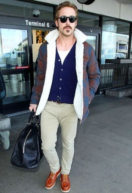 neutral pants, a white tee, a navy cardigan, a colorful shearling coat and bold shoes