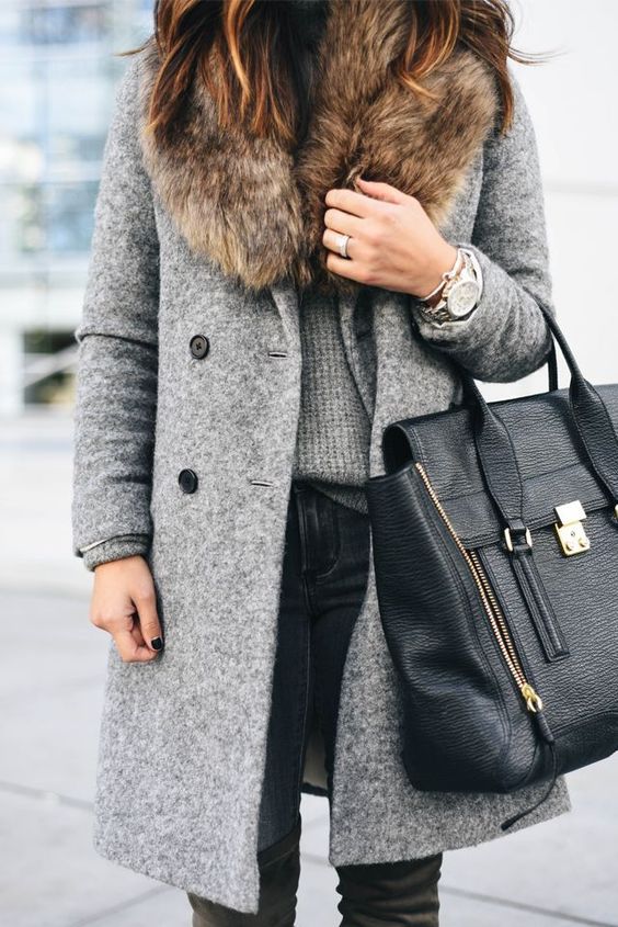 a grey coat with a faux fur stole looks chic and is comfy for winter
