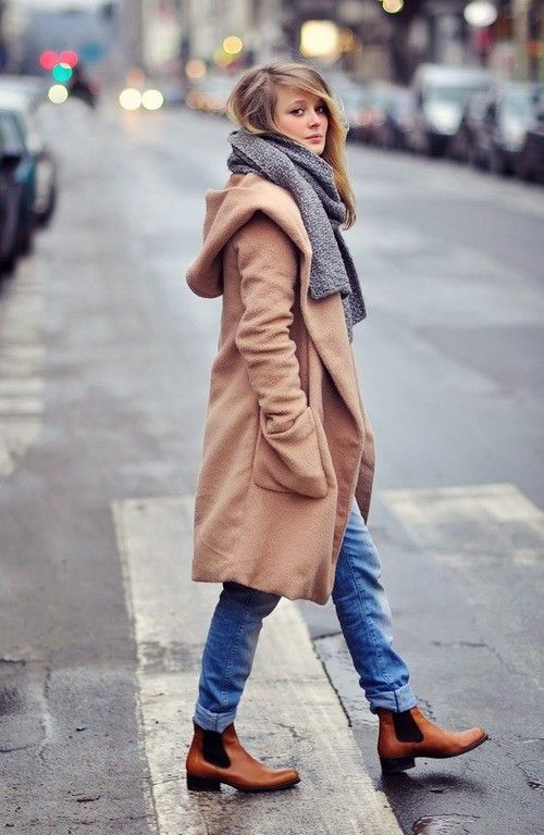 a knee camel coat, a grey scarf, blue jeans and cognac chelsea boots