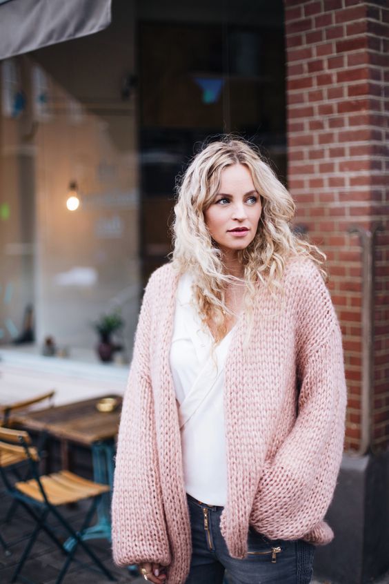 grey denim, a white shirt and a pink chunky knit cardigan