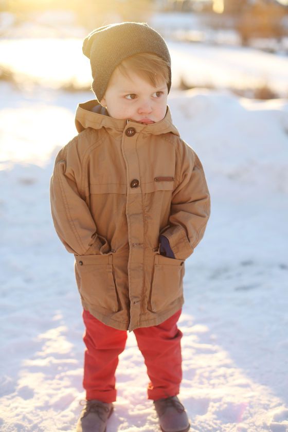 a mustard parka for a toddler boy, bold red pants