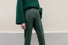 12 an emerald oversized sweater, green leather cropped pants and black sock booties