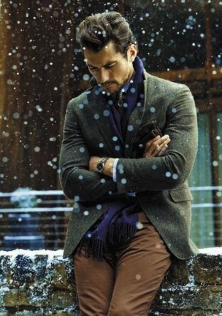 brown pants, a green tweed jacket, a navy scarf for comfy layering