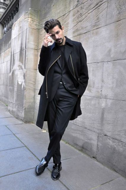 Black coat, blazer, trousers and shoes