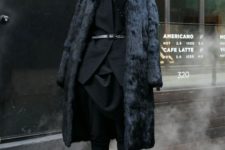 Black dress, fur coat and platform boots