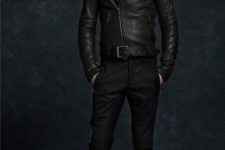 Black leather jacket, straight pants, high leather boots and dark gray scarf