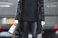 Black puffer coat with sweater, leather pants, embellished shoes and metallic mini bag
