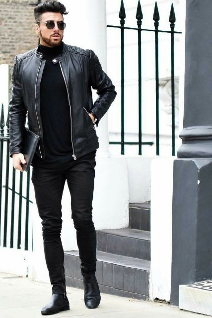 Black turtleneck, leather jacket, clutch, skinny pants and shoes