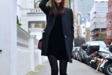 Black velvet dress, straight coat, high boots and marsala bag