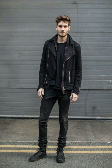 Casual outfit with black t shirt, suede jacket, pants and mid calf boots