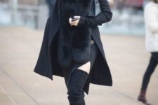 Dress with mini coat with fur and over the knee boots