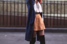 With blouse, suede mini skirt and navy blue coat