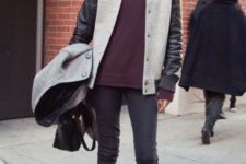 With button down shirt, marsala sweater, skinny pants, boots and bag