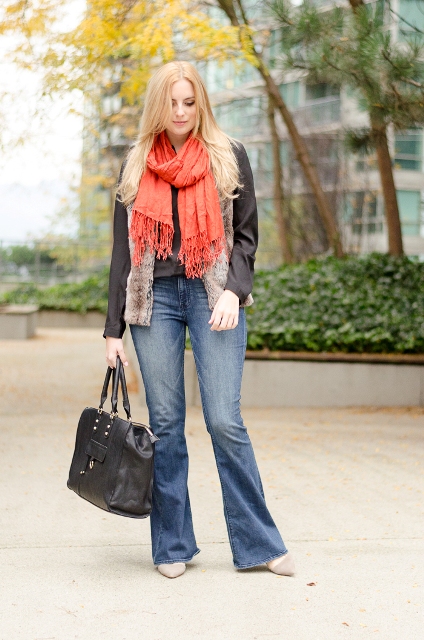 With fur jacket, orange scarf, gray shoes and black bag
