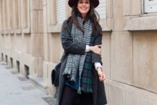 With gray coat, marsala hat, denim skirt and leather shoes