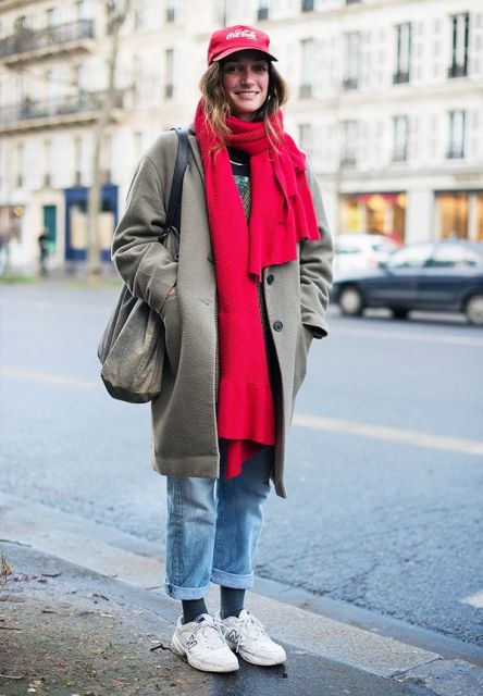 With gray coat, white sneakers, tote, red scarf and cap