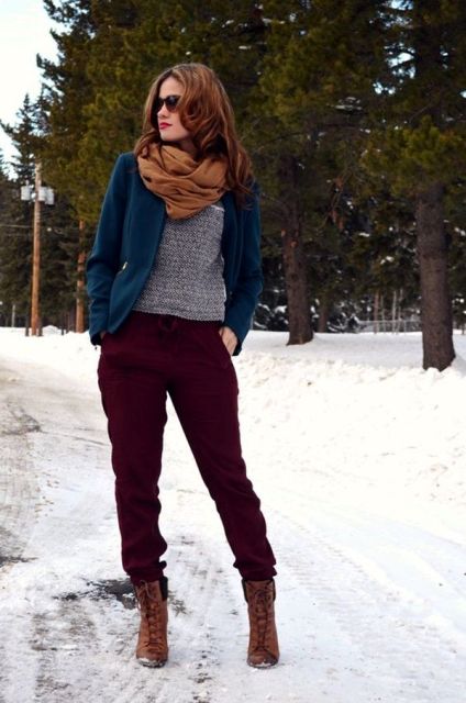 With gray sweater, velvet jacket, brown scarf and brown lace up boots