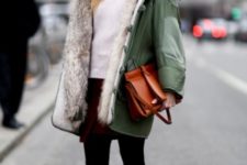 With green shirt, white sweater, marsala mini skirt, black tights, flat shoes, beanie and brown bag
