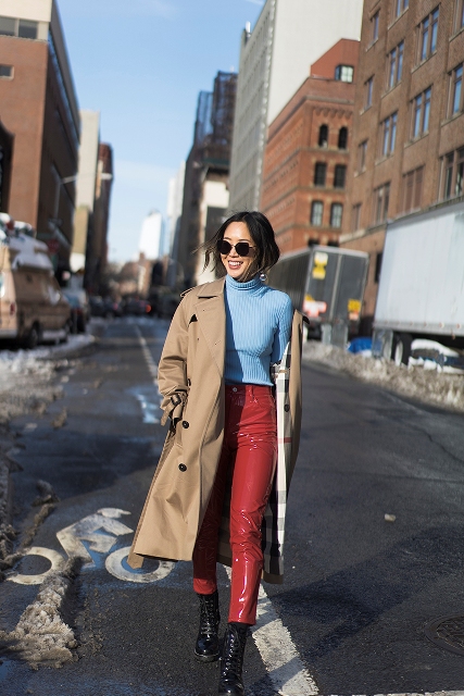 With light blue turtleneck, mid calf boots and camel coat