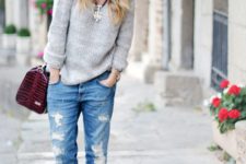 With light gray sweater, platform shoes and marsala bag