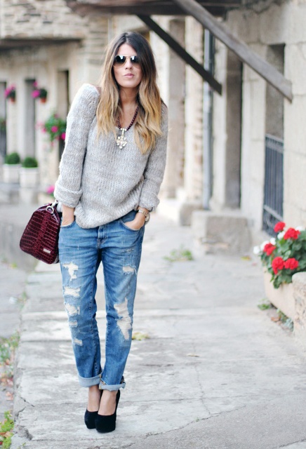 With light gray sweater, platform shoes and marsala bag