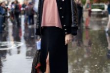 With loose shirt, midi skirt and black boots